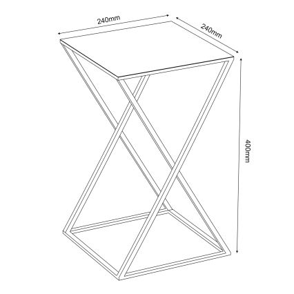 Nízky štvorcový stolík s prekríženými nohami stojí na rovnej ploche. Rozmery: vrchná doska 240mm x 240mm, výška 400mm.
