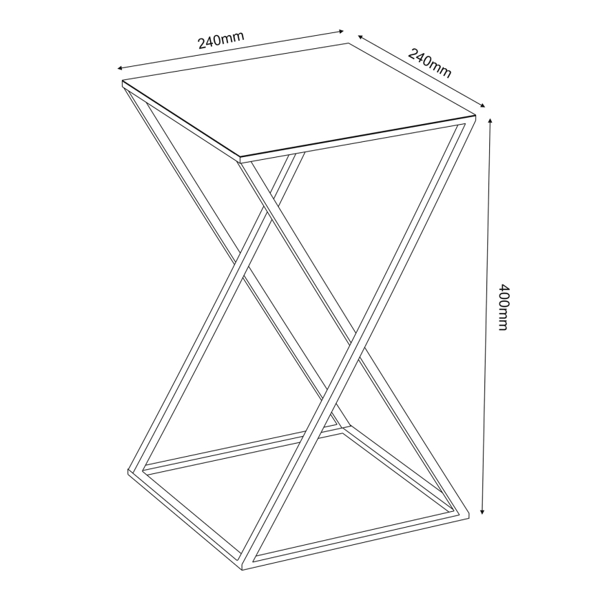 Nízky štvorcový stolík s prekríženými nohami stojí na rovnej ploche. Rozmery: vrchná doska 240mm x 240mm, výška 400mm.