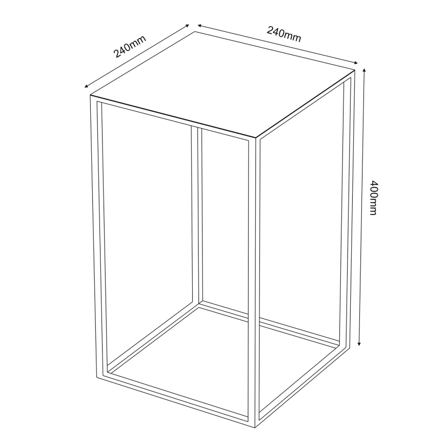 Nízky štvorcový stolík s rozmermi 240 x 240 x 400 mm je zobrazený v perspektívnom náčrte. Stolík má jednoduchú konštrukciu s otvoreným priestorom pod doskou.