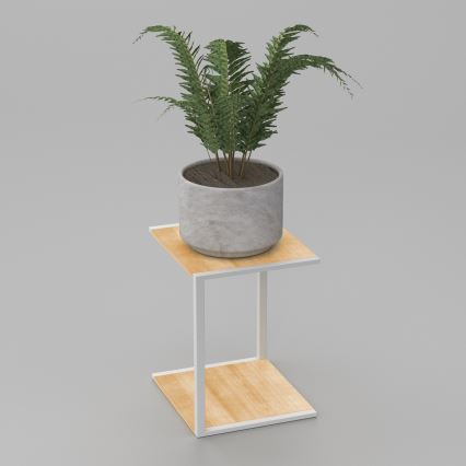 Rastlina v sivom kvetináči stojí na malom drevenom stolíku s bielym rámom. Stolík má dve police. Prostredie je jednoduché, svetlosivé pozadie.