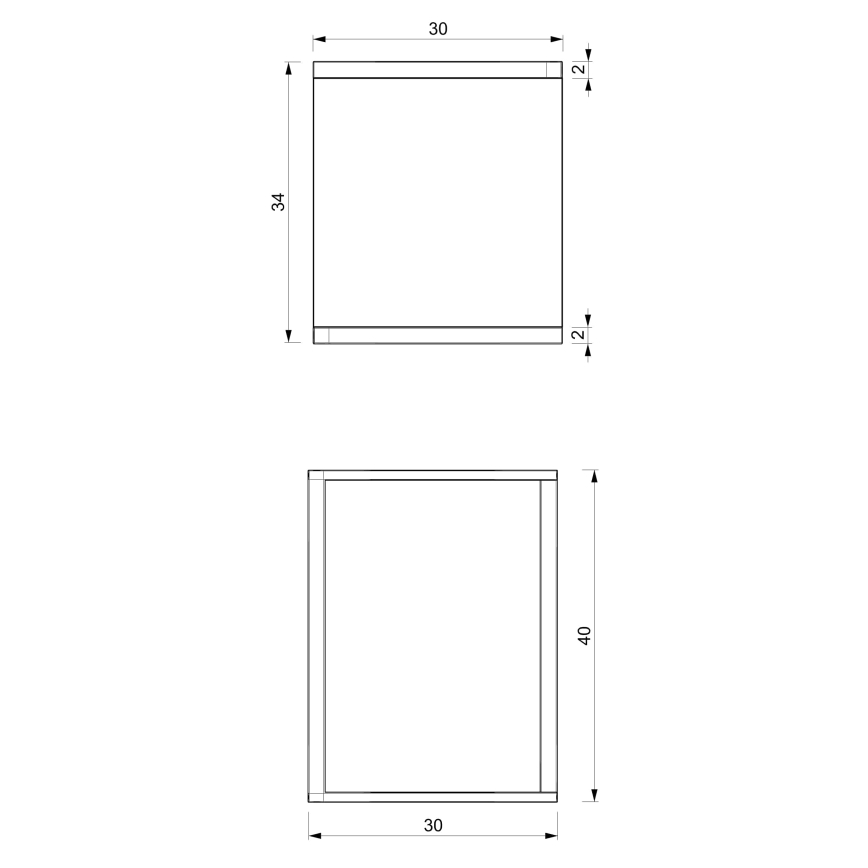 Technický nákres zobrazuje rozmery obdĺžnikového rámu. Horný pohľad ukazuje rozmery 30x34 cm s vnútornými výškami 2 cm. Bočný pohľad ukazuje celkovú výšku 40 cm a šírku 30 cm.