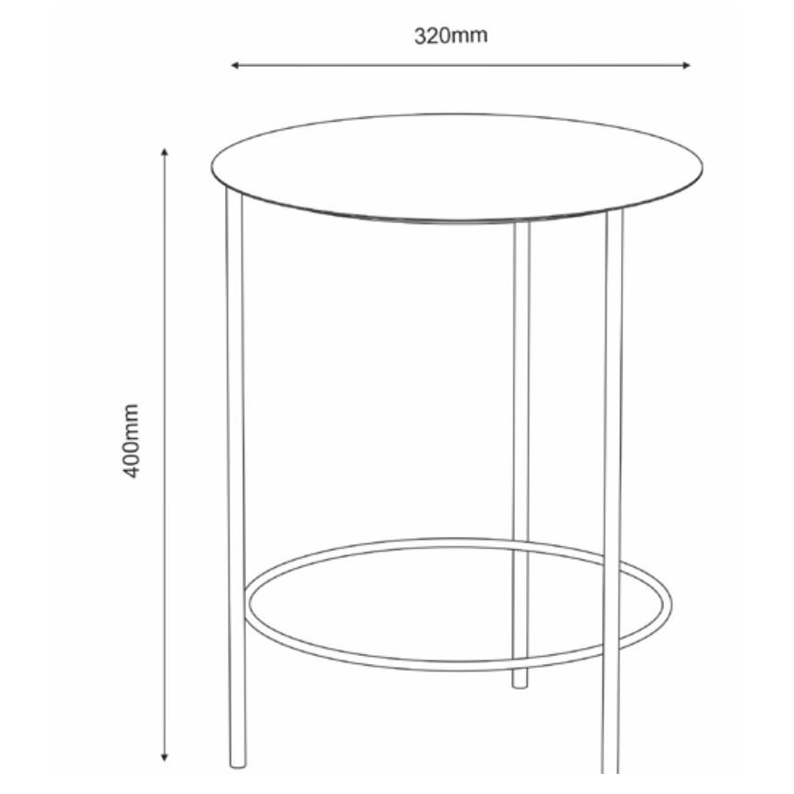 Okrúhly stolík s priemerom 320 mm a výškou 400 mm, má jednoduchú konštrukciu s dvoma nohami a kruhovou priečkou. Je znázornený v čiernobielej technickej kresbe s rozmermi.