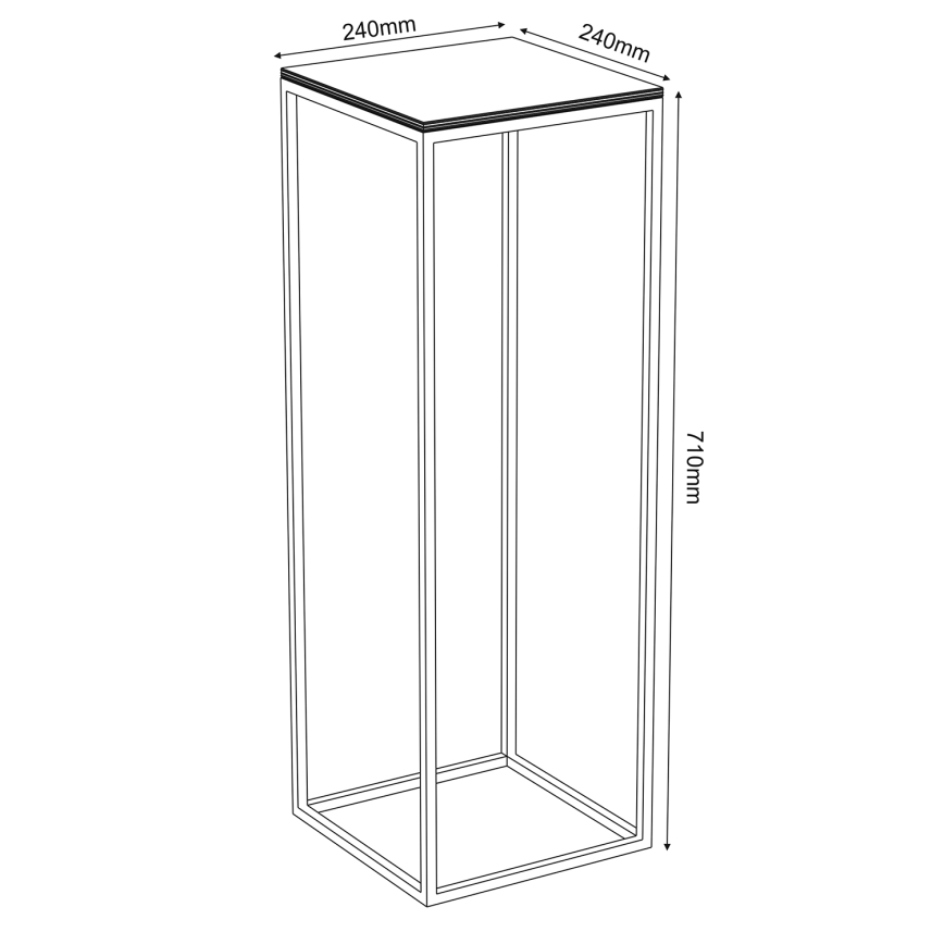 Stolík s hranatou kovovou konštrukciou a štvorcovou doskou stojí na bielom pozadí. Rozmery: 240 mm x 240 mm x 710 mm.
