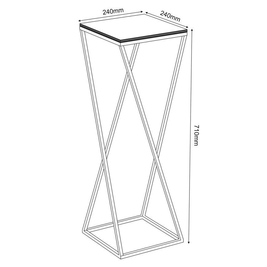 Stôl s vysokou štvorcovou podstavou a prekríženými nohami stojí na bielom pozadí. Rozmery: vrchná doska 240x240 mm, výška 710 mm.