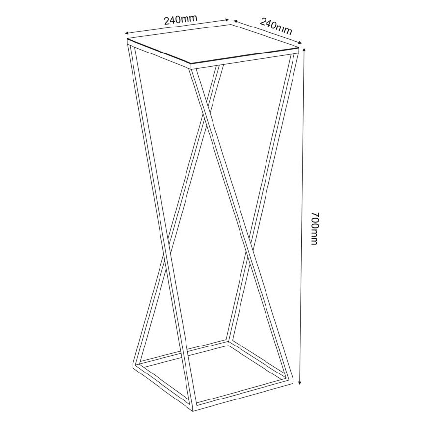 Stolík s štvorcovou doskou a prekríženými nohami stojí na štvorcovej základni. Rozmery: horná doska 240x240 mm, výška 700 mm.