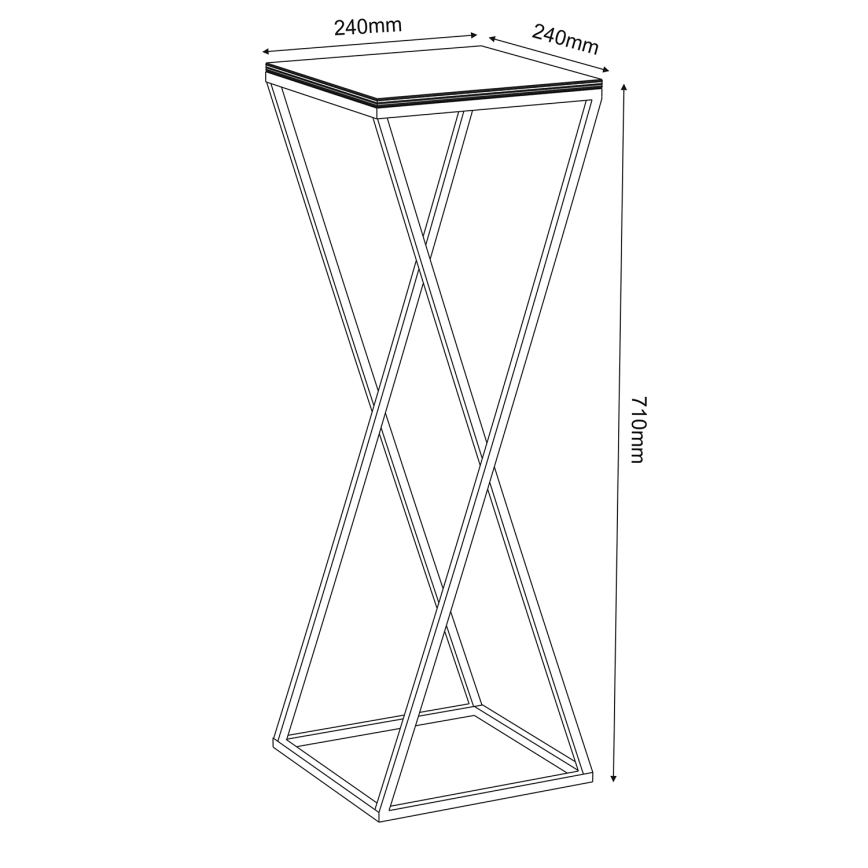 Stolík s štvorcovou doskou a kovovou konštrukciou stojí na štvorcovej podnoži. Nohy sú prekrížené do tvaru X. Rozmery: doska 240mm x 240mm, výška 710mm.