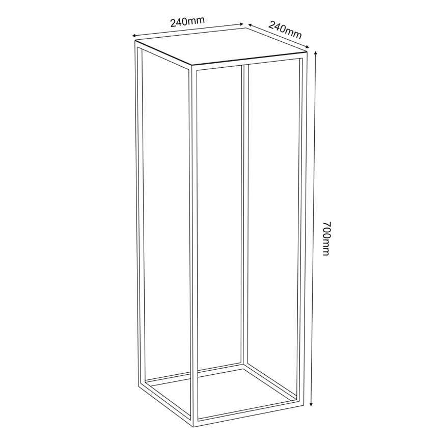 Stĺpik s rozmermi 240x240x700 mm je znázornený na čiernobielej technickej kresbe. Stĺpik má štvorcovú základňu a vrchnú plochu. Je umiestnený na bielom pozadí.
