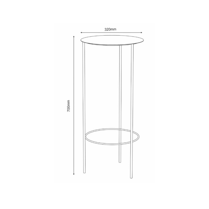 Stolík s okrúhlou doskou a jednou nižšou poličkou stojí na štyroch nohách. Rozmery: výška 700 mm, priemer dosky 320 mm.