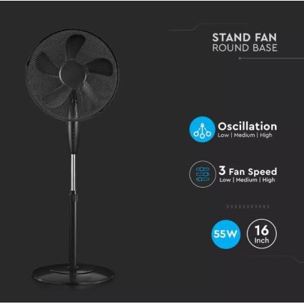 Stolový ventilátor s kruhovou základňou ventiluje. Má tri rýchlosti a tri úrovne oscilácie. Jeho priemer je 16 palcov a príkon 55W.