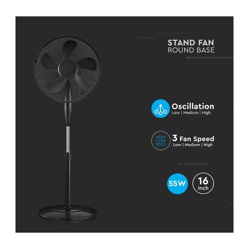 Stolový ventilátor s kruhovou základňou ventiluje. Má tri rýchlosti a tri úrovne oscilácie. Jeho priemer je 16 palcov a príkon 55W.