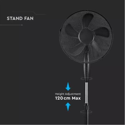 Stolový ventilátor stojí na nastaviteľnom stojane s maximálnou výškou 120 cm. Ventilátor má čiernu plastovú ochrannú mriežku a lopatky. Text na obrázku: STAND FAN, Height Adjustment 120 cm Max.