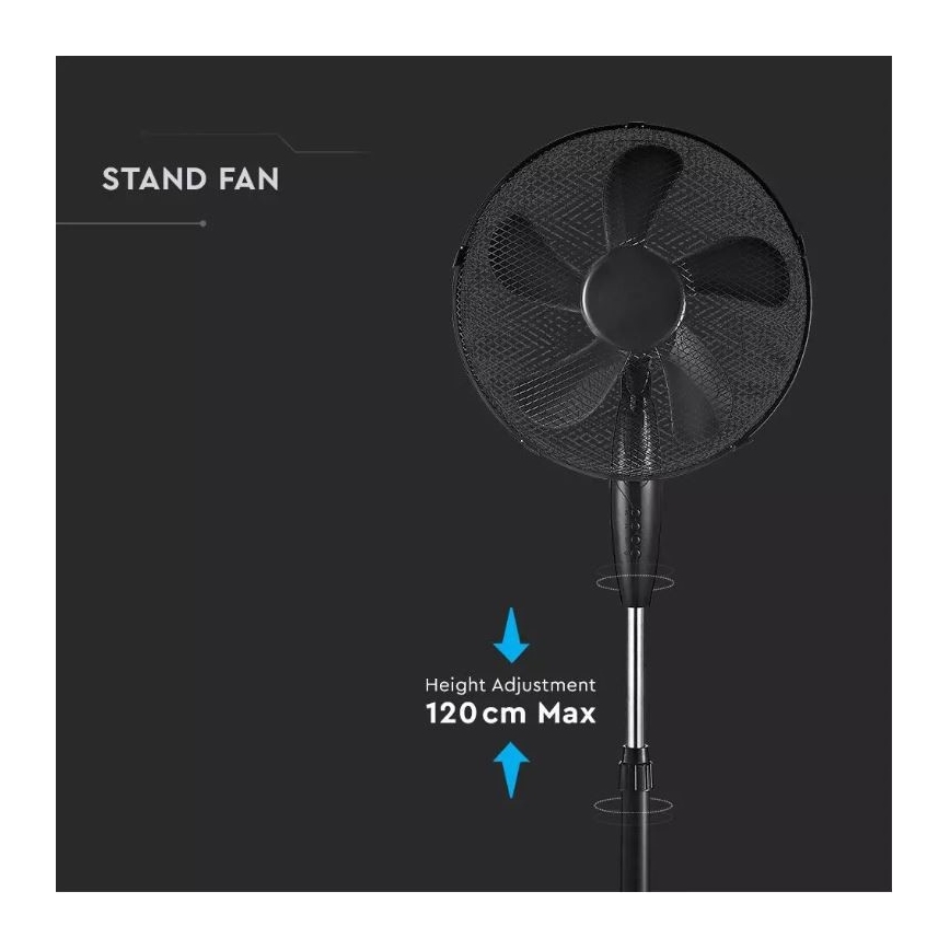 Stolový ventilátor stojí na nastaviteľnom stojane s maximálnou výškou 120 cm. Ventilátor má čiernu plastovú ochrannú mriežku a lopatky. Text na obrázku: STAND FAN, Height Adjustment 120 cm Max.