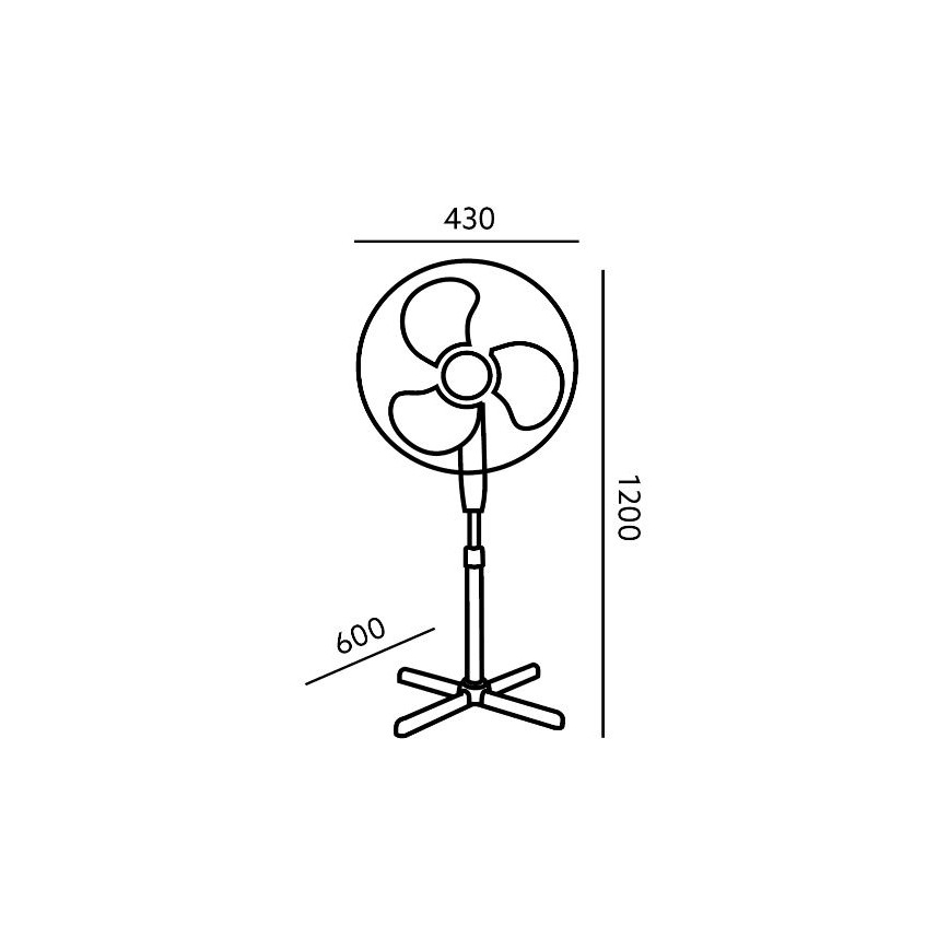 Stolový ventilátor s trojlistovou vrtuľou na nastaviteľnom stojane s rozmermi: výška 1200 mm, priemer vrtule 430 mm, šírka stojana 600 mm.