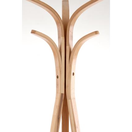 Drevený vešiak na šaty s viacerými ramenami sa týči na svetlom pozadí. Ramenné časti sú zakrivené smerom von a spájajú sa v centrálnom stĺpe. Konštrukcia je z dreva svetlej farby.