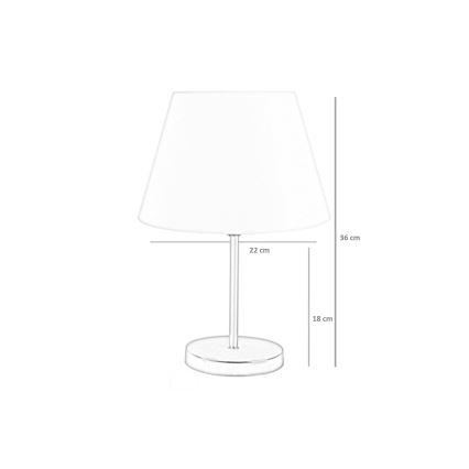 Stolová lampa s bielym tienidlom a kovovou nohou stojí na bielom pozadí. Výška lampy je 36 cm, priemer tienidla 22 cm, priemer základne 18 cm.