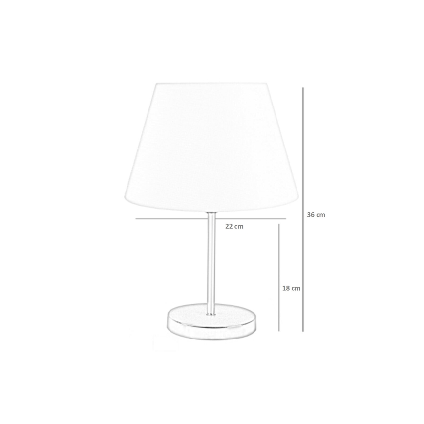 Stolová lampa s bielym tienidlom a kovovou nohou stojí na bielom pozadí. Výška lampy je 36 cm, priemer tienidla 22 cm, priemer základne 18 cm.