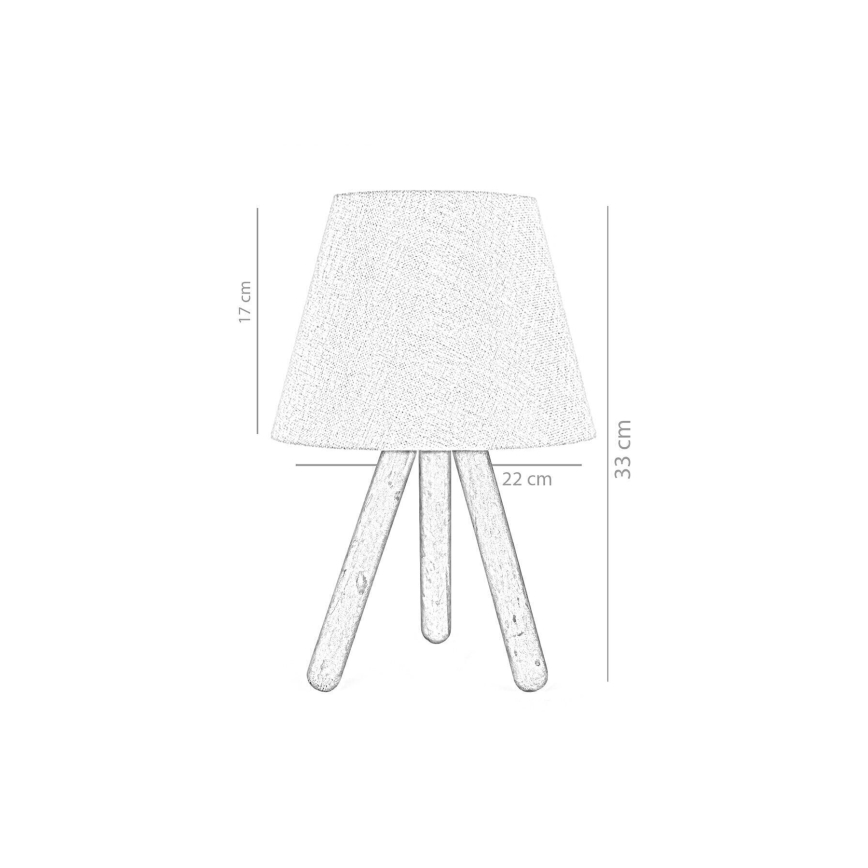 Stolová lampa stojí na troch drevených nožičkách. Tienidlo je kužeľovité, látkové. Rozmery: výška 33 cm, priemer tienidla 22 cm, výška tienidla 17 cm.