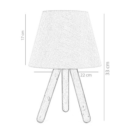 Stolová lampa stojí na trojnohom drevenom podstavci. Tienidlo je kužeľovité, látkové. Rozmery: výška 33 cm, šírka 22 cm, výška tienidla 17 cm.