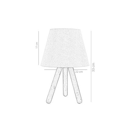 Stolová lampa s kužeľovitým tienidlom stojí na trojnohej drevenej podstavci. Rozmery: výška 33 cm, priemer tienidla 22 cm, výška tienidla 17 cm.