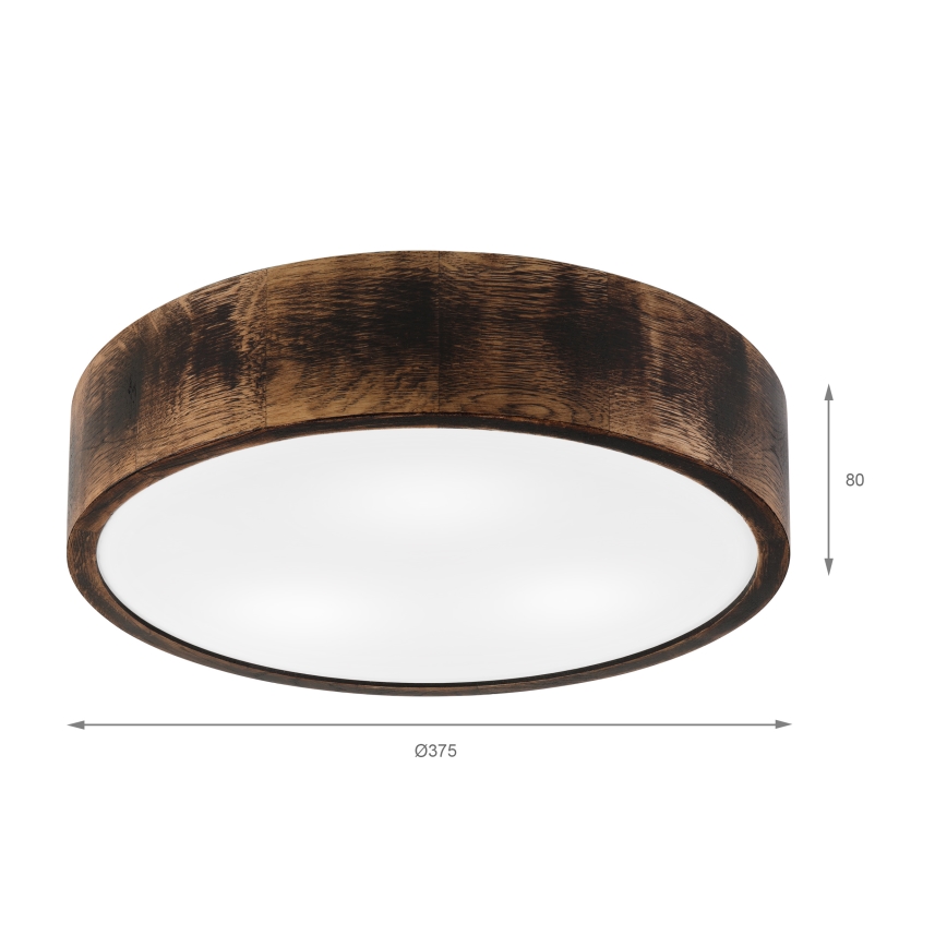 Guľaté stropné svietidlo s dreveným rámom a bielym difúzorom. Priemer je 375 mm, výška 80 mm. Kód: Q375.