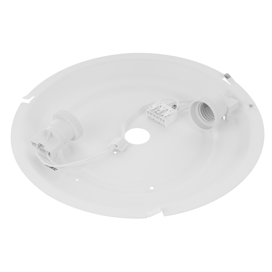 Biela kruhová základňa svietidla obsahuje dva objímky a spojovací blok. Káble spájajú komponenty. Základňa je pripravená na montáž.