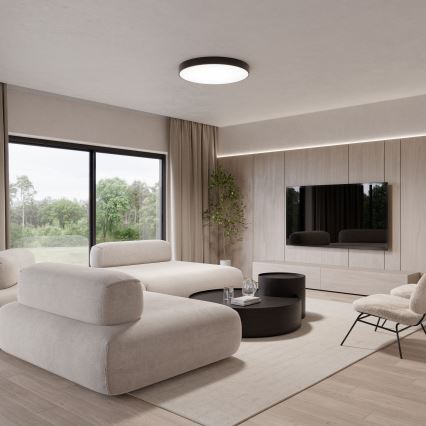 Moderná sedačka stojí v obývacej izbe s veľkými oknami s výhľadom na zeleň. Sedačka je doplnená nízkym konferenčným stolíkom a televízorom na stene.