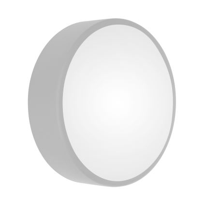 Svetlo s okrúhlym tienidlom svieti. Tienidlo je svetlosivé, vnútorná časť je biela. Je umiestnené na bielom pozadí.