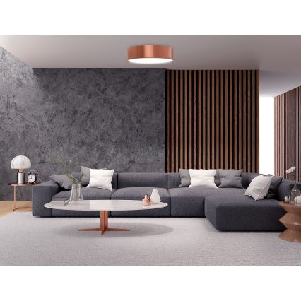 Svietidlo svieti v modernom interiéri. Sivá rohová sedačka je umiestnená v miestnosti s betónovou stenou a drevenou priečkou. Pred sedačkou je oválny konferenčný stolík.