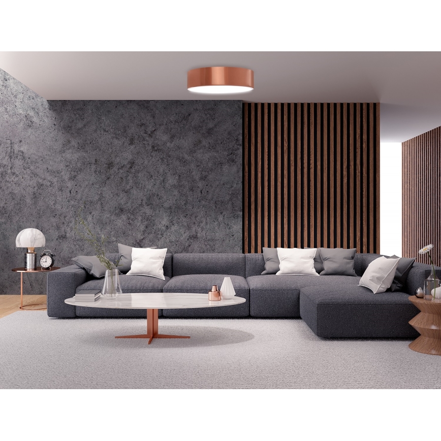 Svietidlo svieti v modernom interiéri. Sivá rohová sedačka je umiestnená v miestnosti s betónovou stenou a drevenou priečkou. Pred sedačkou je oválny konferenčný stolík.