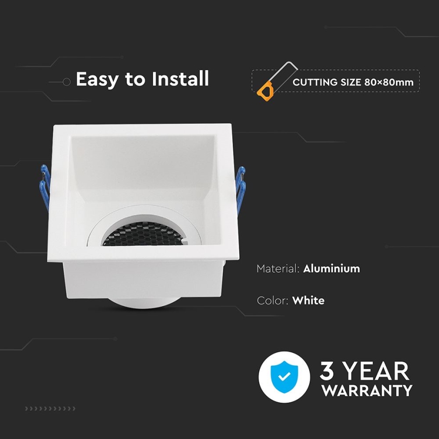 Biely hliníkový štvorcový rám s mriežkou, určený na jednoduchú inštaláciu. Rozmer výrezu: 80x80 mm. Záruka 3 roky.