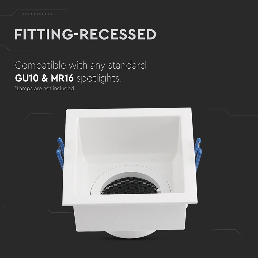 Biela štvorcová nástenná montážna skrinka s vnútornou mriežkou je kompatibilná so štandardnými bodovými svetlami GU10 a MR16. Žiarovky nie sú súčasťou balenia.