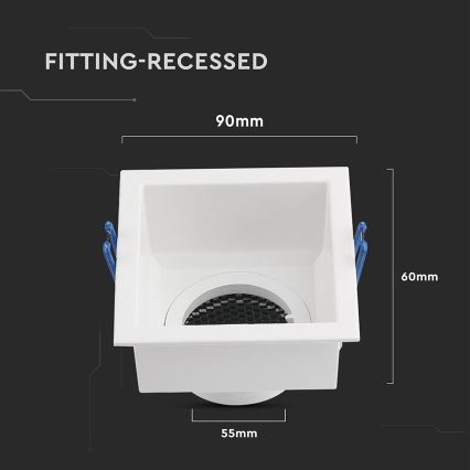 Biela štvorcová zapustená montážna skrinka s mriežkou a dvoma modrými úchytkami, rozmerov 90mm x 60mm x 55mm. Názov: FITTING-RECESSED.