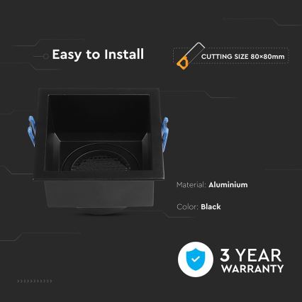 Čierny štvorcový hliníkový rámček na svetlo, určený na zabudovanie, s rozmerom výrezu 80x80 mm, sa ľahko inštaluje. Dodáva sa s trojročnou zárukou.