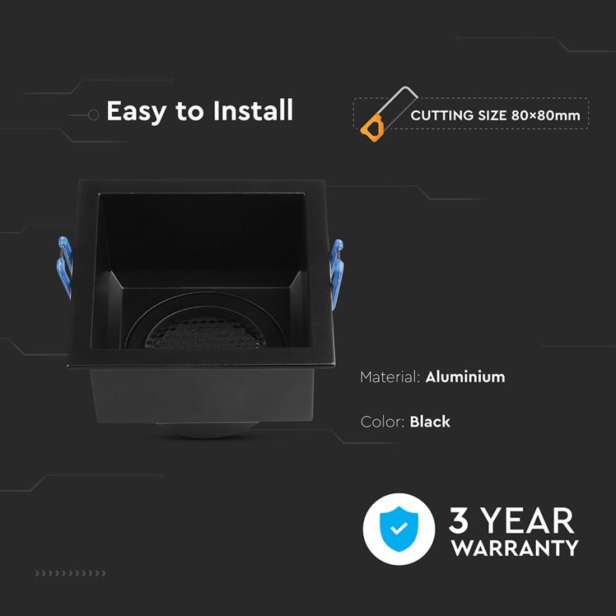 Čierny štvorcový hliníkový rámček na svetlo, určený na zabudovanie, s rozmerom výrezu 80x80 mm, sa ľahko inštaluje. Dodáva sa s trojročnou zárukou.