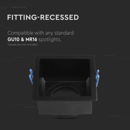 Čierna nástenná montážna skrinka pre bodové svetlá GU10 a MR16 je zobrazená na tmavom pozadí. Je kompatibilná so štandardnými bodovými svetlami GU10 a MR16. Žiarovky nie sú súčasťou balenia.