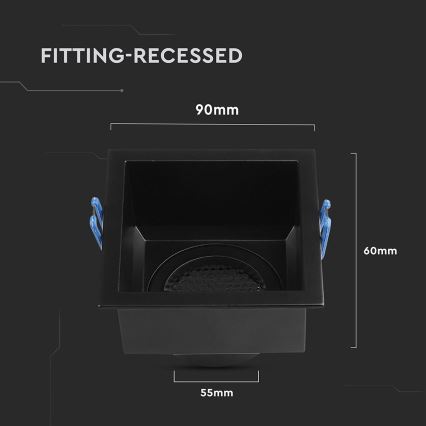 Čierny štvorcový vstavaný rámček s rozmermi 90x60x55 mm, má sieťku a dva modré úchyty. Nápis „FITTING-RECESED“.