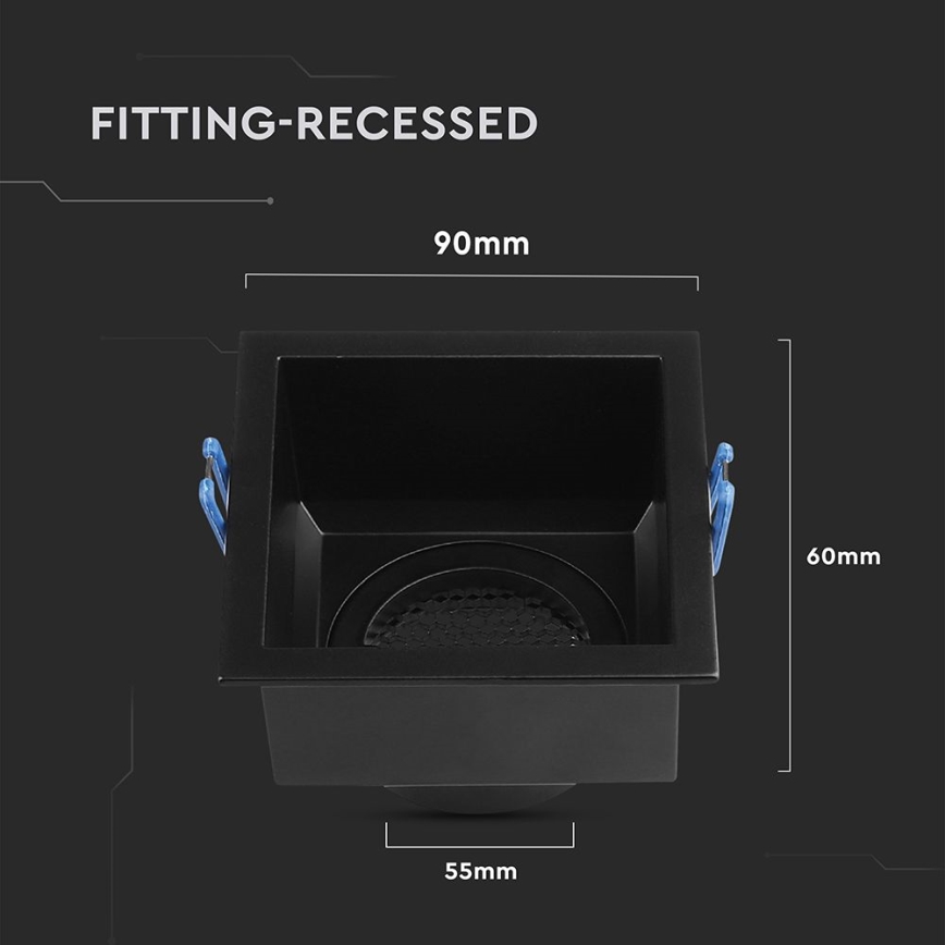 Čierny štvorcový vstavaný rámček s rozmermi 90x60x55 mm, má sieťku a dva modré úchyty. Nápis „FITTING-RECESED“.