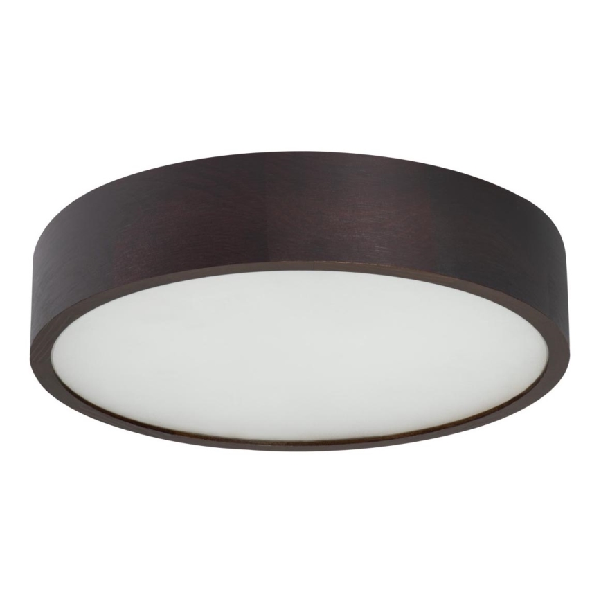 Svietidlo svieti. Má tmavohnedý drevený rám a matné biele svetlo. Je umiestnené na bielom pozadí.