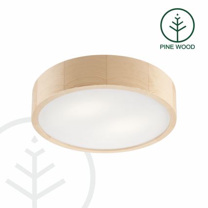 Drevené stropné svietidlo s difúznym svetlom. Svietidlo je z borovicového dreva. Na obrázku je nápis „PINE WOOD“.