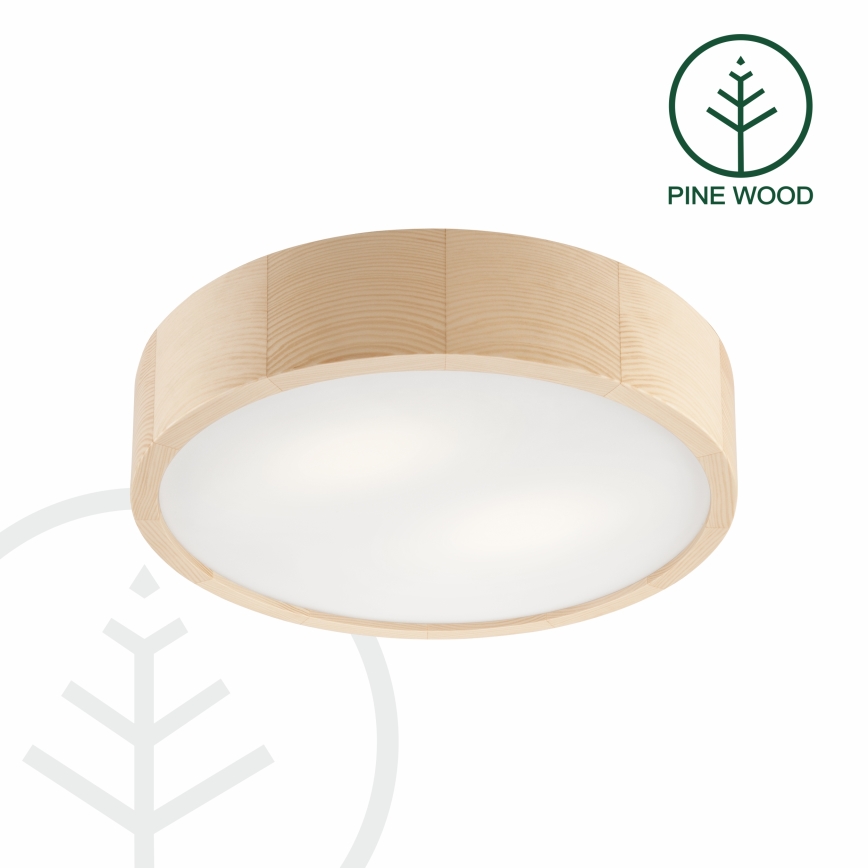 Drevené stropné svietidlo s difúznym svetlom. Svietidlo je z borovicového dreva. Na obrázku je nápis „PINE WOOD“.