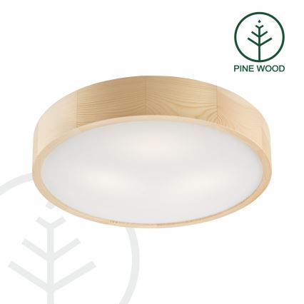 Drevené stropné svietidlo s bielym difúzorom. Svietidlo je vyrobené z borovicového dreva (PINE WOOD). Je umiestnené na bielom pozadí.