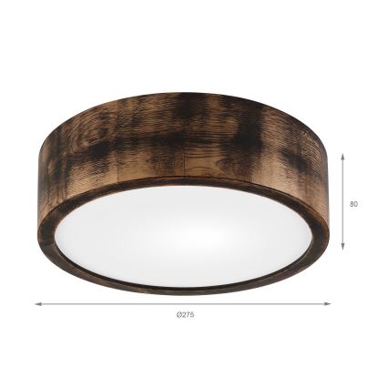 Svietidlo s okrúhlym difúzorom z matného skla je osadené v tmavohnedom drevenom ráme. Rozmery sú Ø275 x 80 mm.
