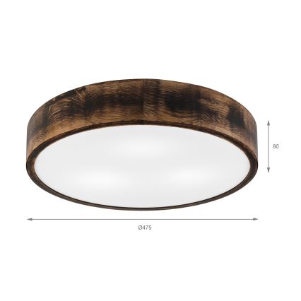 Stropné svietidlo s okrúhlym difúzorom z matného skla, obklopené dreveným rámom tmavohnedej farby. Priemer svietidla je 475 mm, výška 80 mm.