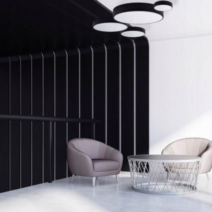 Dve kreslá stoja oproti sebe pri nízkom kovovom konferenčnom stolíku. Nachádzajú sa v priestore s čierno-bielym dizajnom stien a stropnými svietidlami.