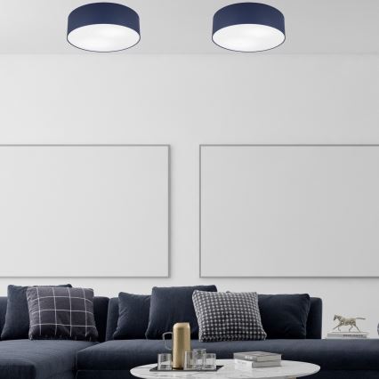 Dve stropné svietidlá s tmavomodrými tienidlami svietia v miestnosti. Pred nimi sa nachádza tmavomodrá rohová sedačka s vankúšmi a konferenčný stolík s predmetmi. Na stene visia dva prázdne obrazy.