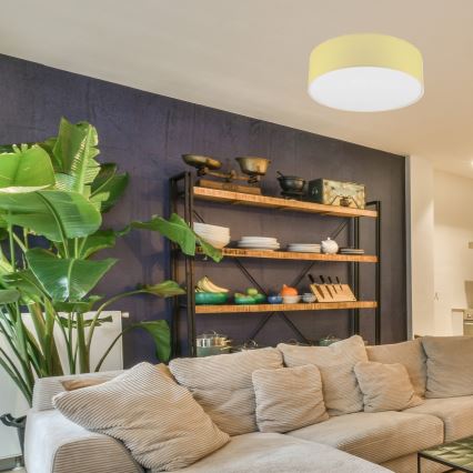 Svetlo svieti v obývacej izbe. Okrúhle stropné svetlo so žltým tienidlom osvetľuje pohovku, regál s riadom a ovocím a izbovú rastlinu. Strop je biely, stena tmavomodrá.