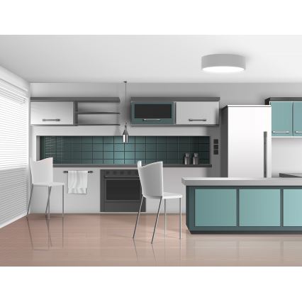 Dve biele stoličky stoja v modernej kuchyni s tmavomodrými dlaždicami, vstavanými spotrebičmi a svetlými skrinkami. Kuchynská linka obsahuje rúru a varnú dosku. Okno s žalúziami je vľavo.