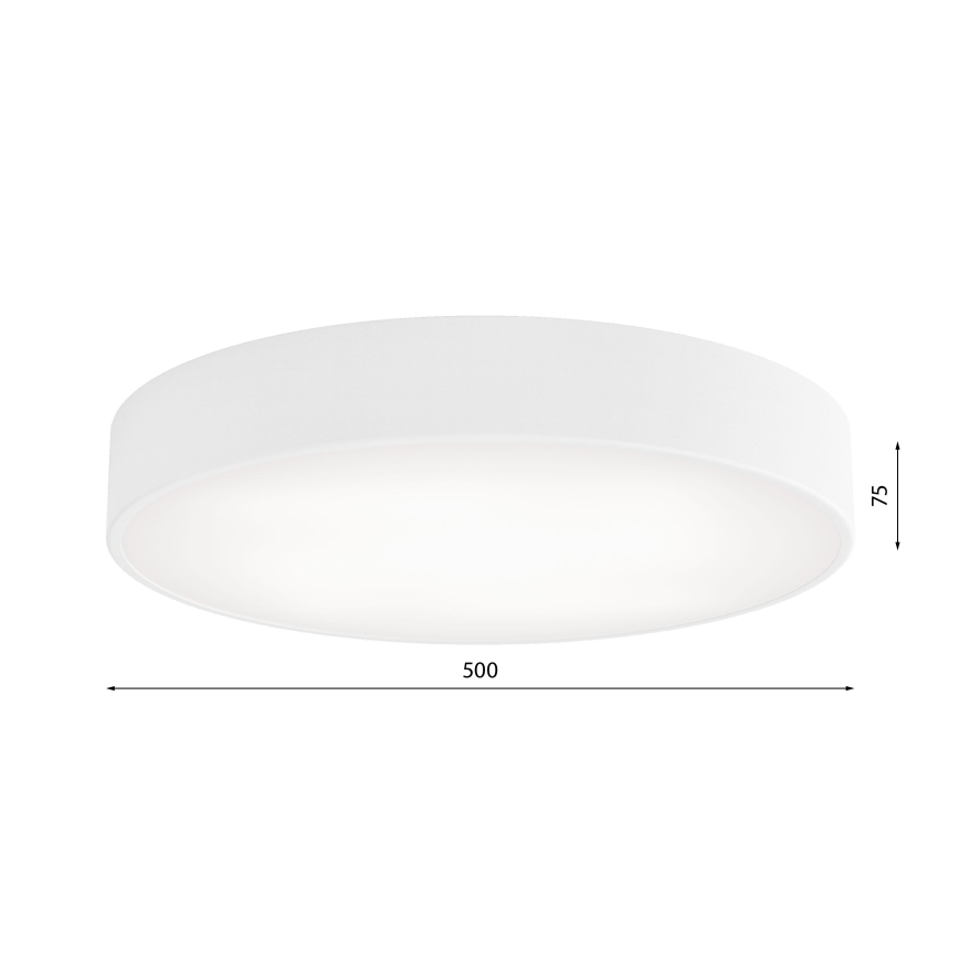 Biela kruhová stropná lampa svieti. Priemer 500 mm, výška 75 mm. Na bielom pozadí.