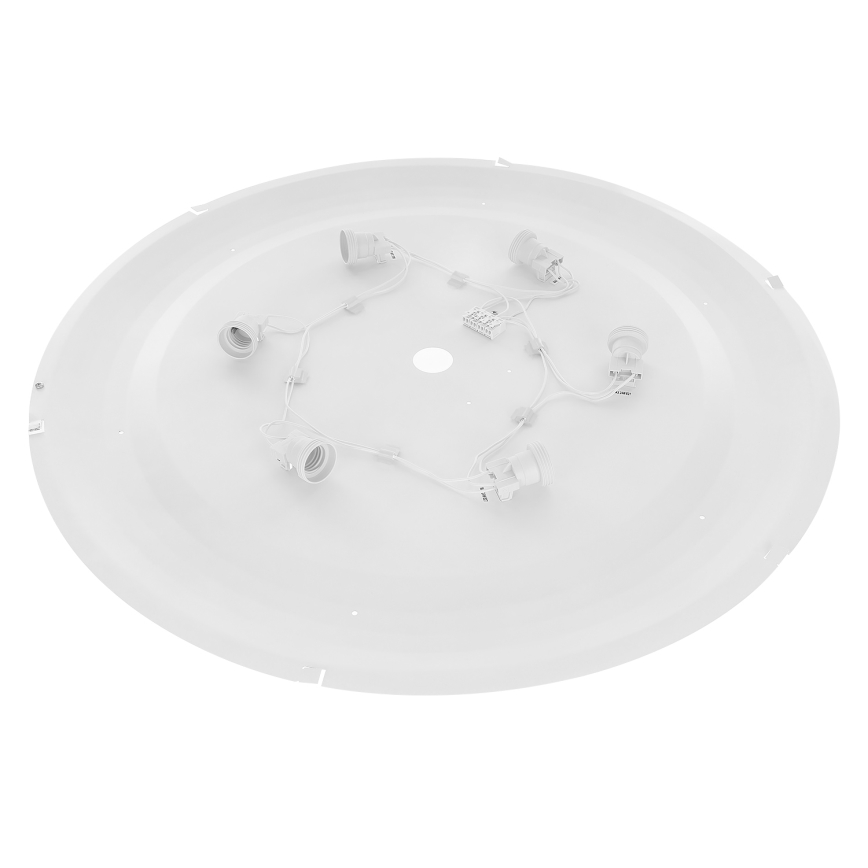Biela kruhová stropná lampa s piatimi objímkami na žiarovky je zobrazená zhora. K objímkam sú pripojené káble. Lampa je na bielom pozadí.