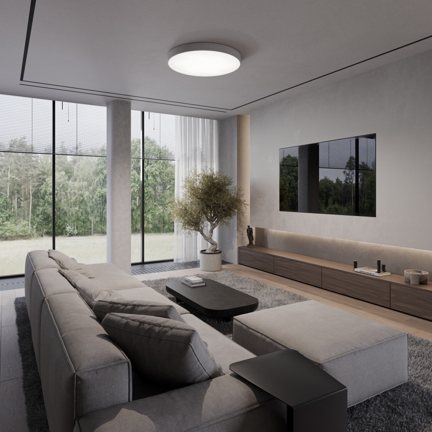 Rohová sedačka stojí v moderne zariadenej obývacej izbe s veľkými oknami a výhľadom na zeleň. Sedačka je doplnená konferenčným stolíkom a televízorom umiestneným na stene. Izba obsahuje aj rastlinu v kvetináči.